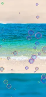 Beach scene with floating bubbles over blue ocean and sandy shore wallpaper.