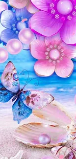 Colorful beach scene with butterflies and pink flowers.