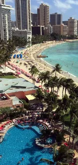 Tropical beach cityscape with ocean and pool view.