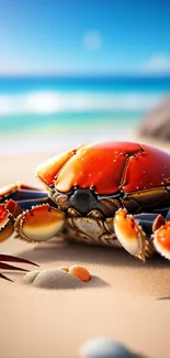 Vibrant red crab on sandy beach with ocean backdrop.