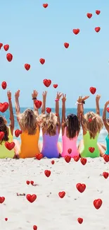 Friends in colorful swimsuits enjoying a sunny beach.