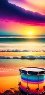 Vibrant beach scene with colorful drum at sunrise.