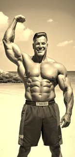 Muscular man flexing at the beach in sepia tones.