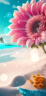 Pink sunflower with ocean waves and blue leaves on a sandy beach.