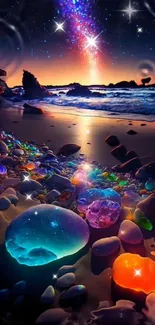 Vibrant gemstones on a beach under a starry night sky with a mesmerizing glow.