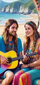 Colorful duo playing guitar by the beach.