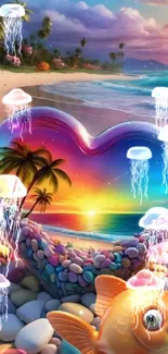 Vibrant heart-shaped beach sunset with jellyfish overlay.