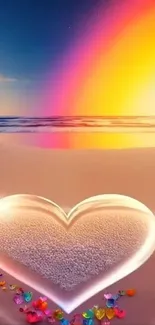 Vibrant beach wallpaper with heart and rainbow over the ocean at sunset