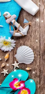 Beach-themed wallpaper with turquoise flip-flops, seashells, and rustic wood.