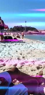 Beach scene with neon lights and people relaxing.