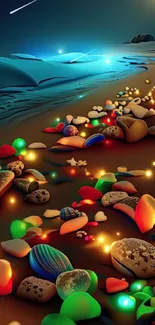 Vibrant beach at night with colorful glowing stones.