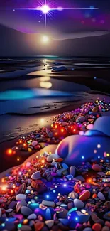 Colorful beach nightscape with glowing pebbles and a starry sky.