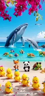 Bright beach wallpaper with animals and vibrant colors.