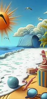 Vibrant beach scene with artistic elements and sunny sky.