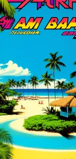 Retro style beach scene with palm trees and vibrant colors.