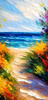 Vibrant and colorful beach pathway painting with dynamic brushstrokes.