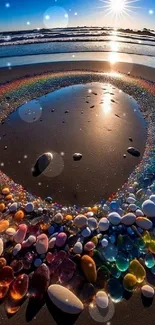 Colorful pebble circle on beach at sunset with vibrant ocean view.