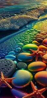 Colorful pebbles and starfish on beach with vibrant sunset.