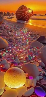 Colorful beach pebbles with sunset glow and vibrant hues.