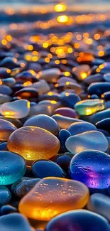 Vibrant pebbles on a beach glowing in sunset light.