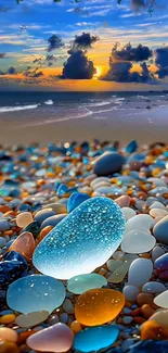 Colorful beach pebbles at sunset by the ocean.