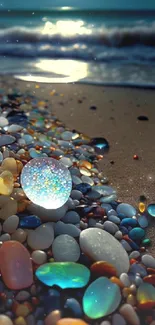 Vibrant beach pebbles by the ocean under moonlight.