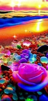 Vibrant beach scene with glowing sunset and colorful stones.