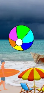 Beach scene with surfboard, chairs, and colorful umbrella under stormy sky.