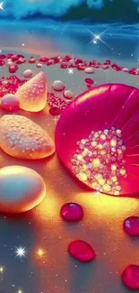 Vibrant fantasy beach scene with seashells and gems