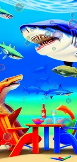 Colorful beach scene with sharks and chairs in a vibrant wallpaper design.