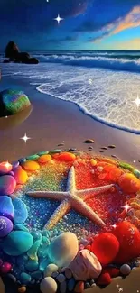 Colorful beach with starfish art and ocean waves.