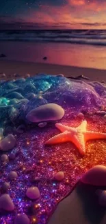 Colorful beach scene with a glowing starfish at sunset.