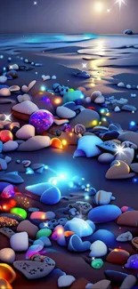 Vibrant beach with glowing stones at dusk.