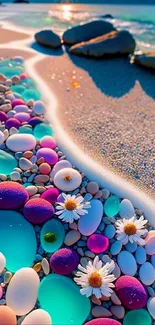 Vibrant beach stones and flowers in a sunset scene wallpaper.