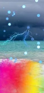 Colorful beach storm wallpaper with lightning and ocean view.