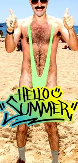 Cheerful person on sunny beach with 'Hello Summer' text.