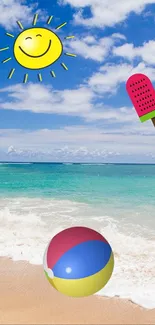 Vibrant beach scene with sun, ocean, and a colorful beach ball.