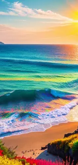 Vibrant beach sunrise with colorful ocean waves and bright sun.