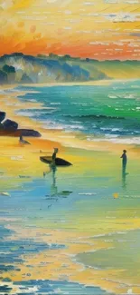 Vibrant beach sunset wallpaper with artistic impressionist style.