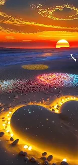 Vibrant sunset with heart-shaped sand art on the beach.