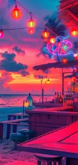 Neon-lit tropical beach during vibrant sunset with colorful clouds.