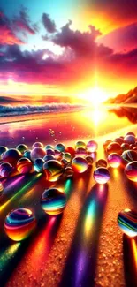 Vibrant sunset and marbles on a fantasy beach.