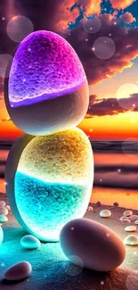 Colorful glowing stones on a beach at sunset creating a vibrant atmosphere.