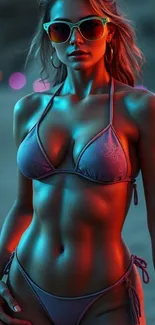 Woman in stylish beachwear with vibrant sunset glow.