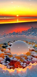 Vibrant beach sunset with colorful glass beads and sphere.