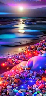 Vibrant beach sunset with colorful stones reflecting on the ocean.