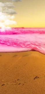 Vibrant beach at sunset with pink waves and golden sand.