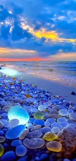 Vibrant beach sunset with colorful glowing pebbles and dramatic skies.