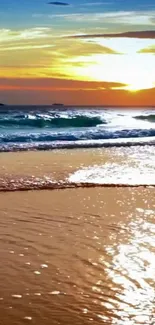 Stunning beach sunset with golden sky and shimmering ocean waves.