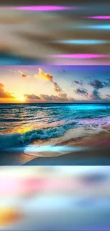 Vibrant beach sunset with ocean waves and colorful clouds.